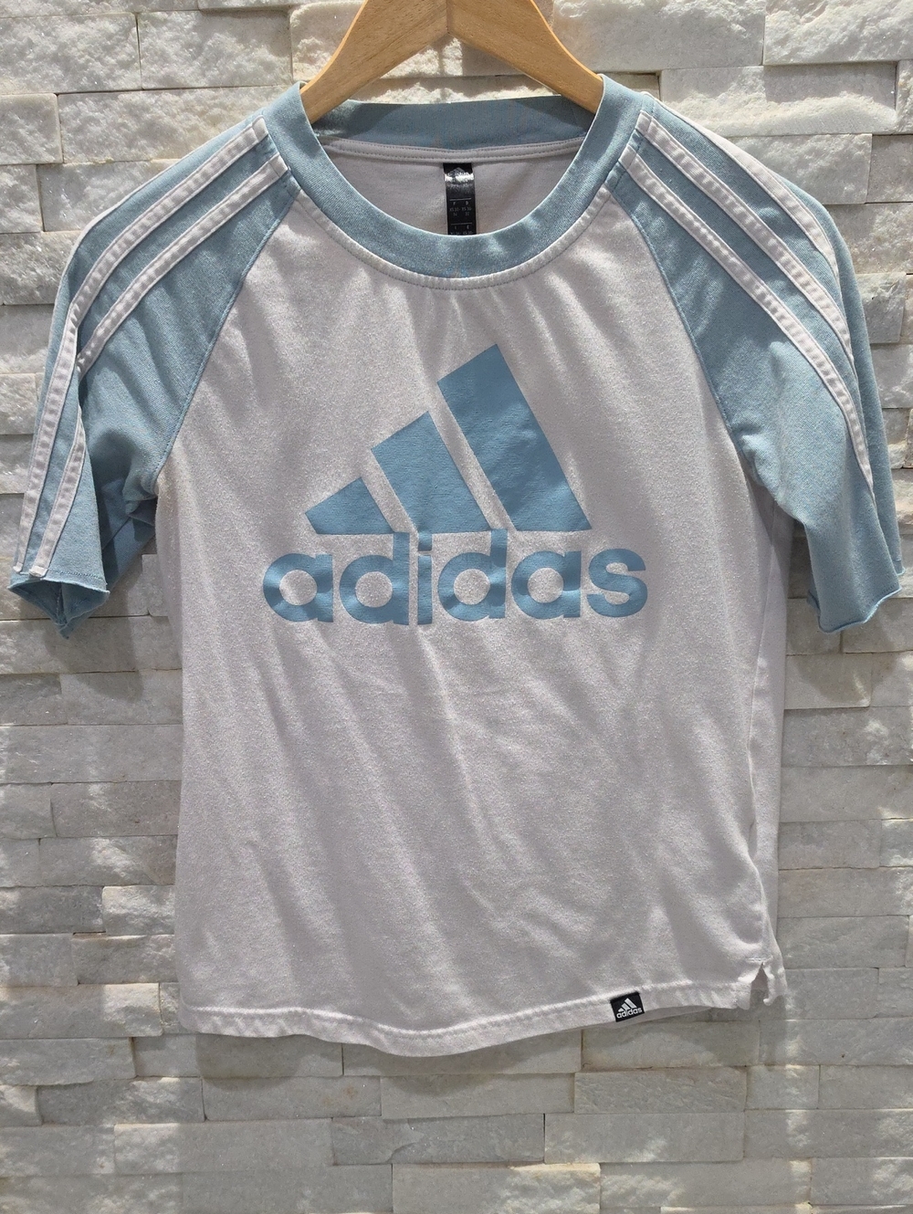 adidas White Tee with Light Blue Logo and Raglan Sleeves